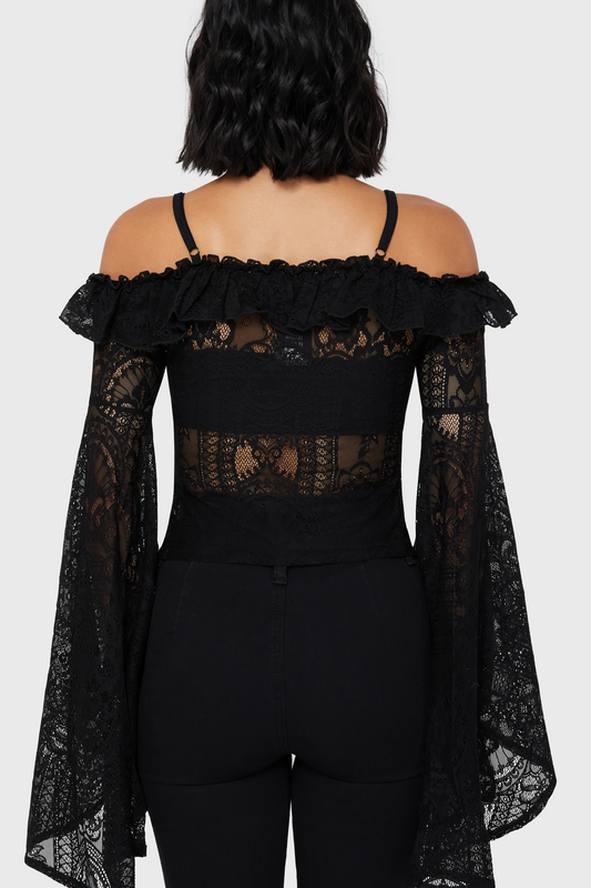 T-shirt manches longues Gothic de Killstar - Haut Bardot en dentelle Belladonna – Breathless Lace - XS à XXL - pour Femme - noir - Killstar - View 2