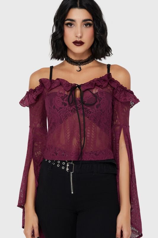 T-shirt manches longues Gothic de Killstar - Haut Bardot en dentelle Belladonna – Breathless Lace - XS à XXL - pour Femme - lilas - Killstar