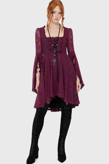 Robe mi-longue Gothic de Killstar - Robe Maiden en dentelle Belladonna – Killing Kisses Lace - XS à L - pour Femme - lilas - Killstar