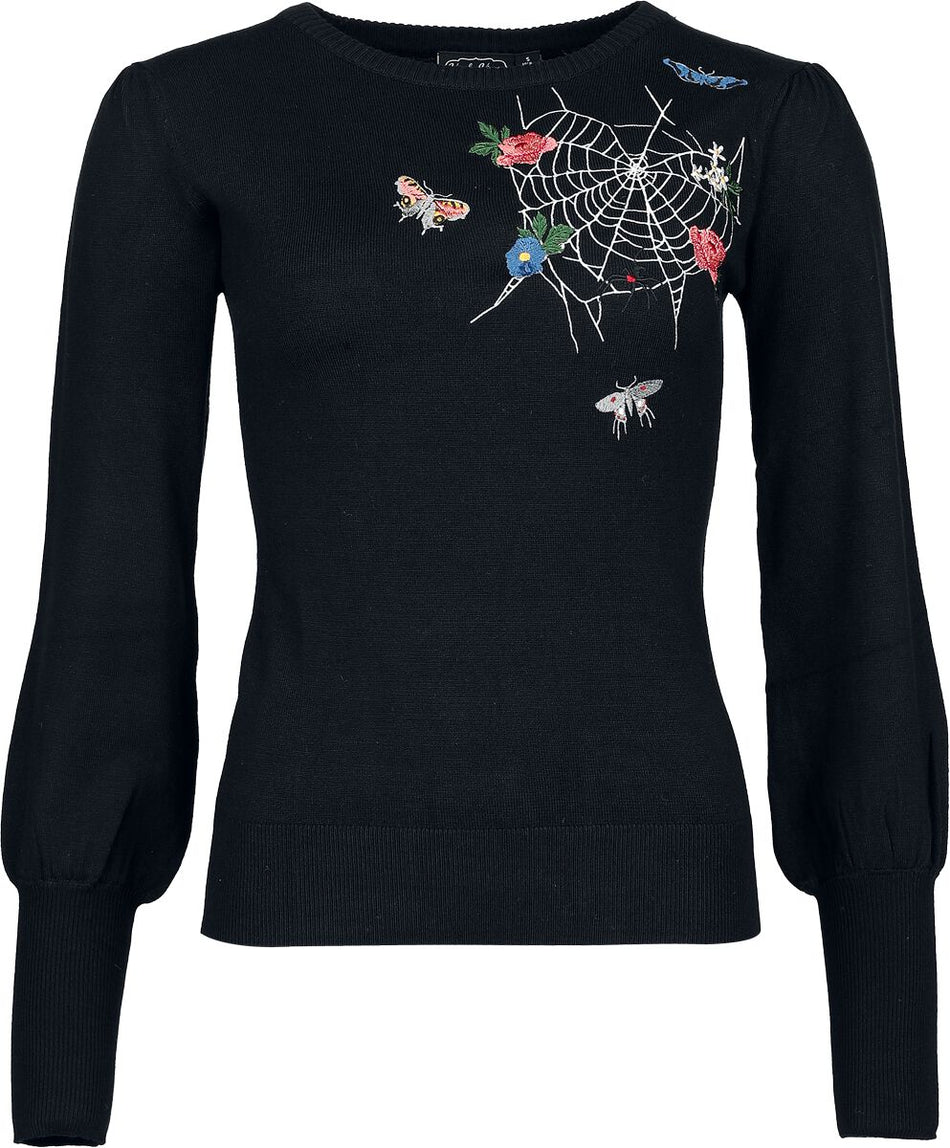 Pull tricoté Rockabilly de Voodoo Vixen - Pull brodé Floral Moth Web - XS à XL - pour Femme - noir - Voodoo Vixen