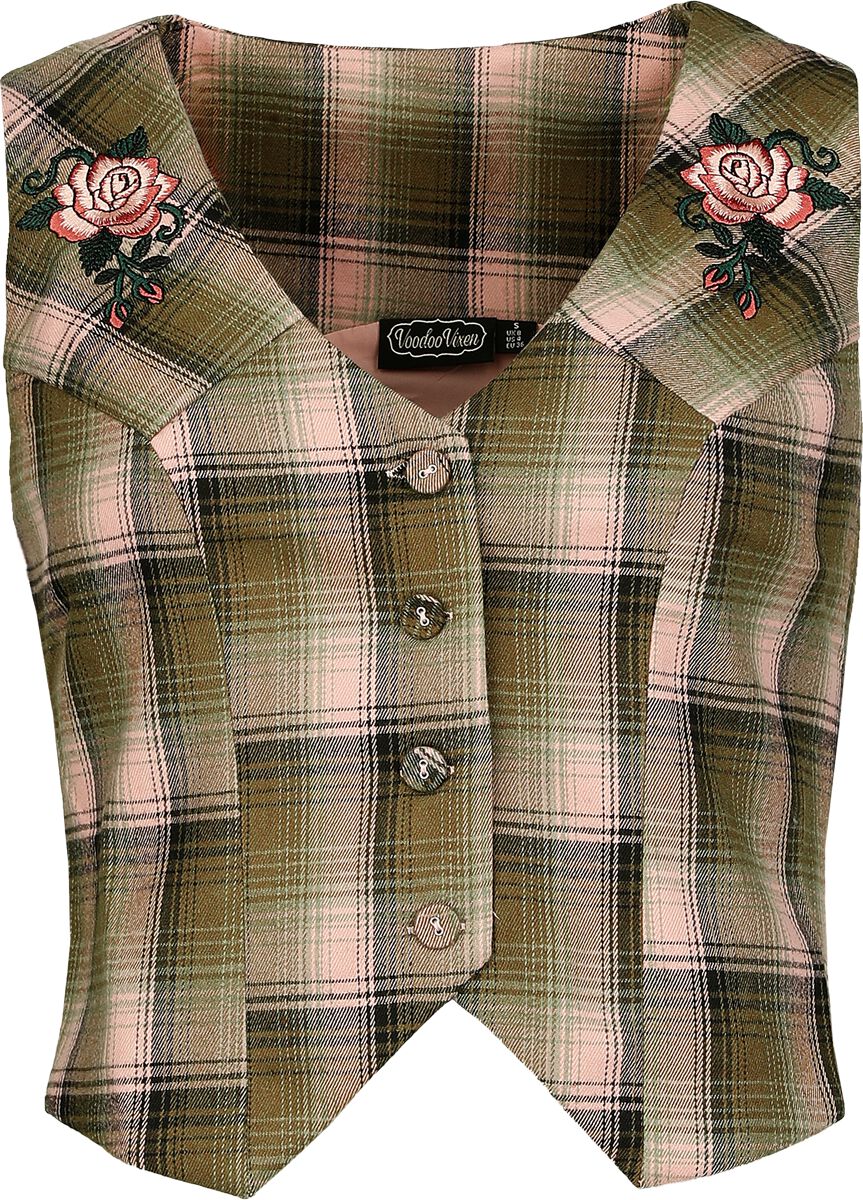 Veste Rockabilly de Voodoo Vixen - Gilet à carreaux avec broderie florale - XS à XXL - pour Femme - vert/rose - Voodoo Vixen
