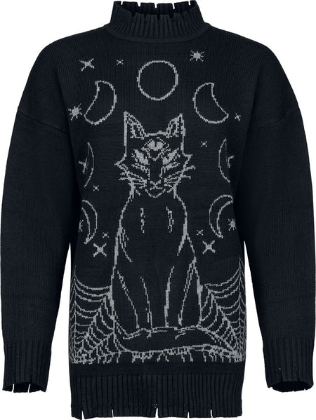 Pull tricoté Gothic de Jawbreaker - Pull oversize Mystic Cat - XS à XXL - pour Femme - noir/gris - Jawbreaker