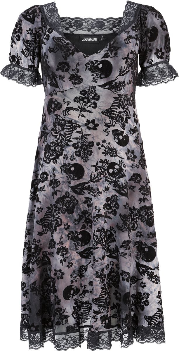 Robe mi-longue Gothic de Jawbreaker - Robe midi à motif crâne floqué avec bordure en dentelle - XS à XL - pour Femme - noir/gris - Jawbreaker