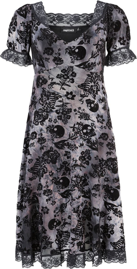 Robe mi-longue Gothic de Jawbreaker - Robe midi à motif crâne floqué avec bordure en dentelle - XS à XL - pour Femme - noir/gris - Jawbreaker