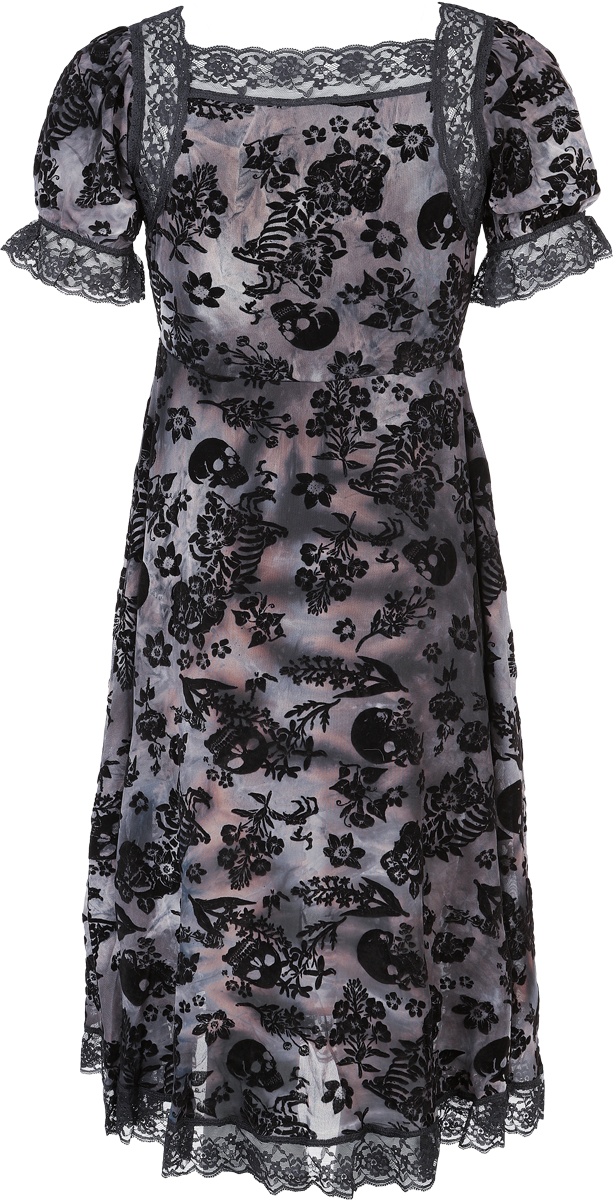 Robe mi-longue Gothic de Jawbreaker - Robe midi à motif crâne floqué avec bordure en dentelle - XS à 4XL - pour Femme - noir/gris - Jawbreaker - View 2