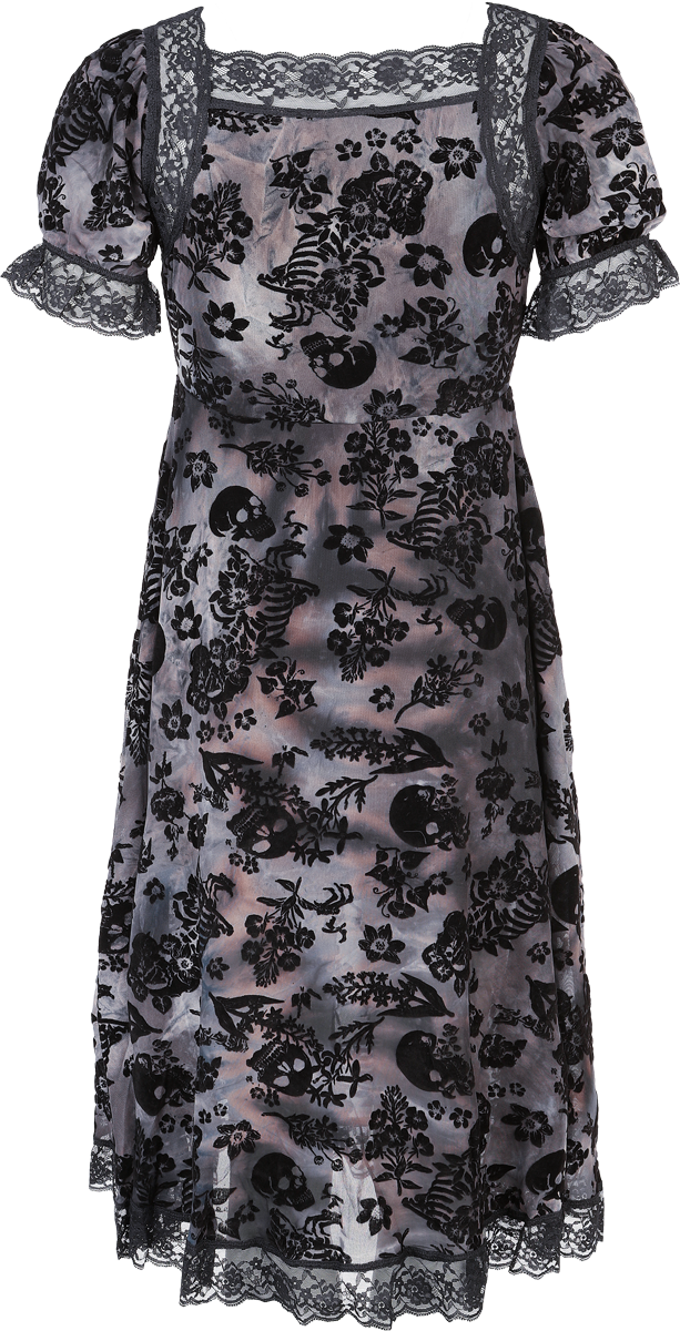 Robe mi-longue Gothic de Jawbreaker - Robe midi à motif crâne floqué avec bordure en dentelle - XS à XL - pour Femme - noir/gris - Jawbreaker - View 2