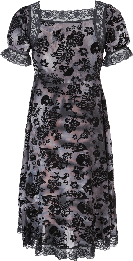 Robe mi-longue Gothic de Jawbreaker - Robe midi à motif crâne floqué avec bordure en dentelle - XS à XL - pour Femme - noir/gris - Jawbreaker - View 2