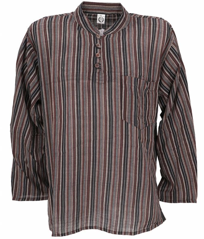 Chemise manches longues  de Guru-Shop - Nepal Fischerhemd, gestreiftes Goa Hippie Hemd, Yogahemd - braun - S à XXL - pour Homme - marron/noir - Guru-Shop