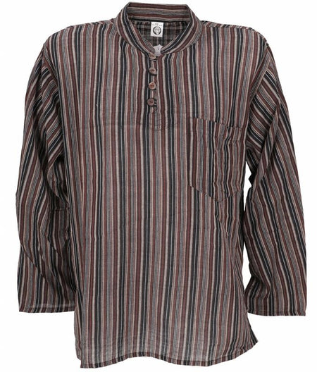 Chemise manches longues  de Guru-Shop - Nepal Fischerhemd, gestreiftes Goa Hippie Hemd, Yogahemd - braun - S à XXL - pour Homme - marron/noir - Guru-Shop