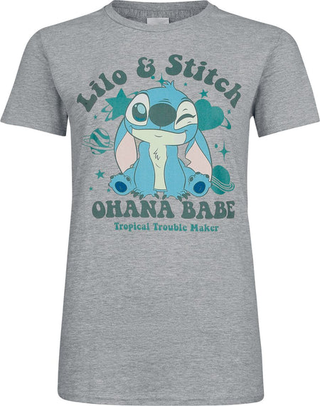 T-Shirt Manches courtes Disney de Lilo & Stitch - Stitch Ohana Babe - S à XXL - pour Femme - gris chiné - Lilo & Stitch