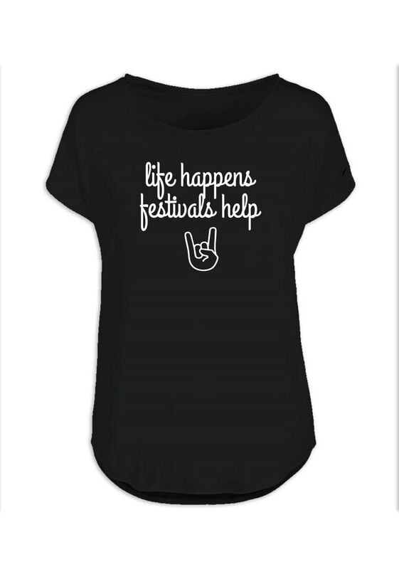T-Shirt Manches courtes Fun de Slogans - Life Happens, Festivals Help - S à L - pour Femme - noir - Slogans