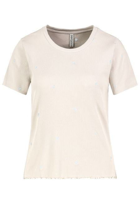 T-Shirt Manches courtes  de Authentic Style - RIB TOP WITH ALLOVER EMBROIDERY - XS à XL - pour Femme - beige - Authentic Style