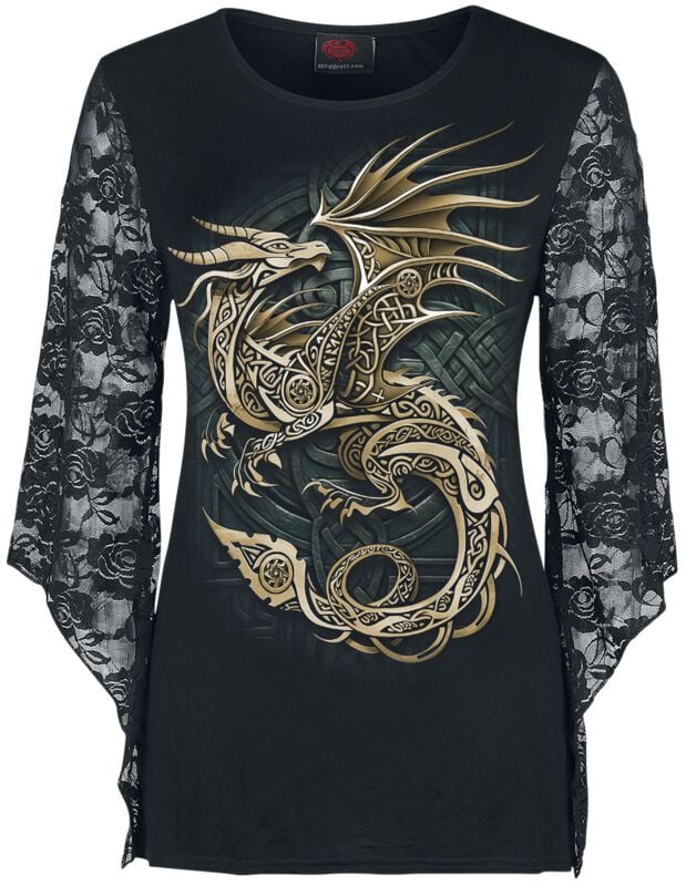 T-shirt manches longues  de Spiral - Celtic Dragon – Top à manches longues avec détails en dentelle - S à L - pour Femme - noir - Spiral