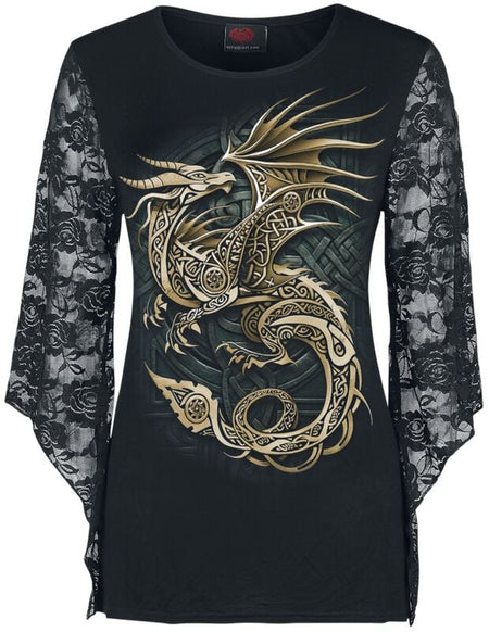 T-shirt manches longues  de Spiral - Celtic Dragon – Top à manches longues avec détails en dentelle - S à L - pour Femme - noir - Spiral