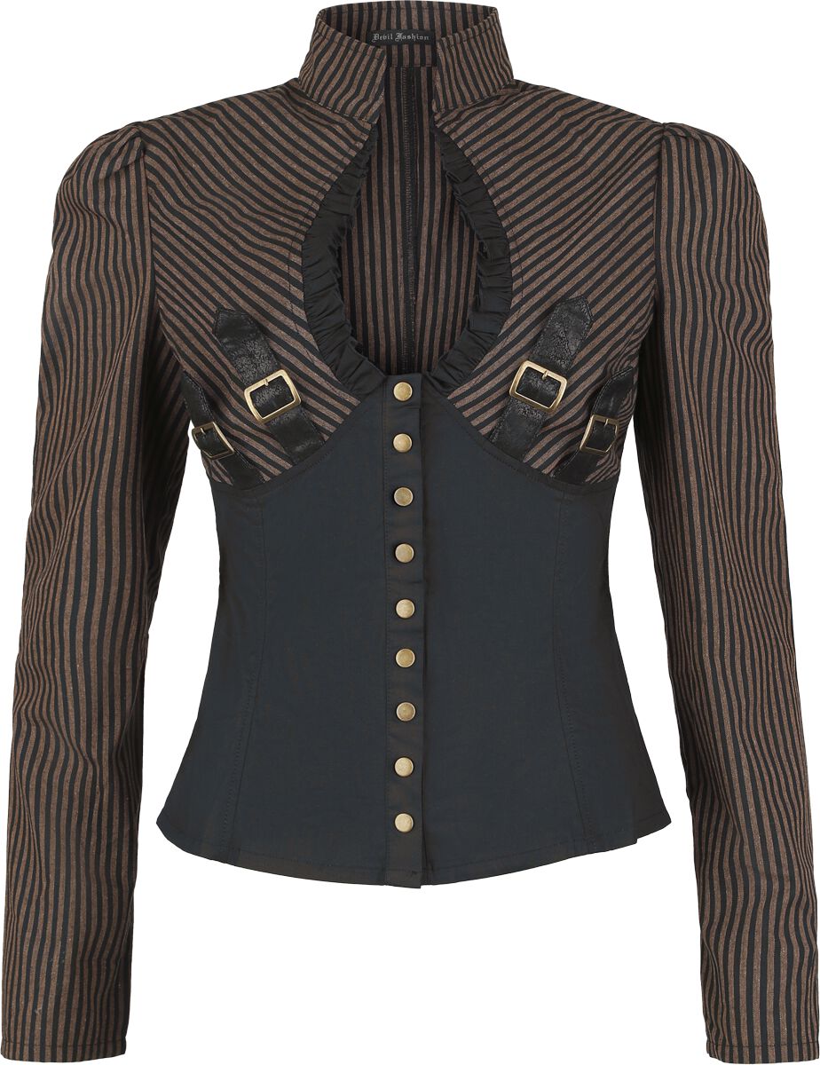 Top Gothic de Devil Fashion - Steampunk Striped Low Neck Shirt - XS à 3XL - pour Femme - marron/noir - Devil Fashion