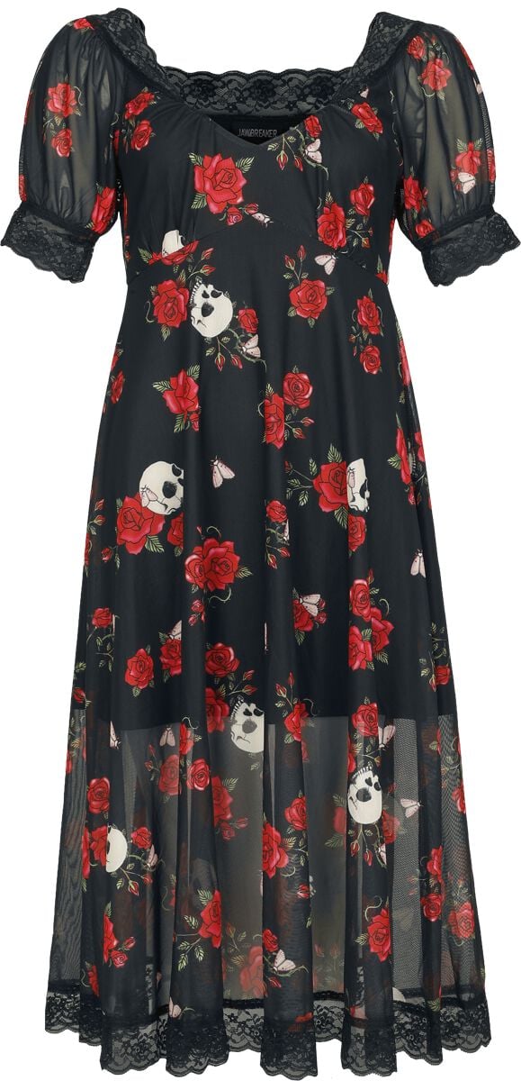 Robe mi-longue Rockabilly de Jawbreaker - Skull And Rose Print Lace Panel Midi Dress - XS à XXL - pour Femme - multicolore - Jawbreaker