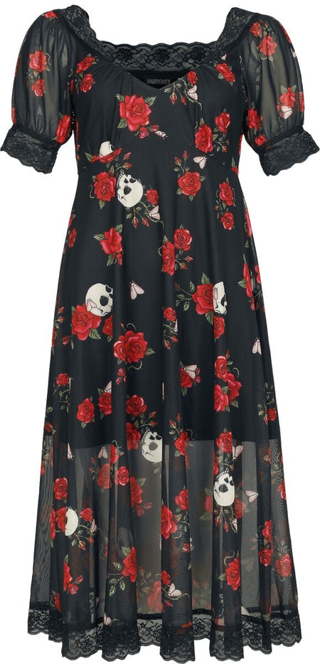 Robe mi-longue Rockabilly de Jawbreaker - Skull And Rose Print Lace Panel Midi Dress - XS à XXL - pour Femme - multicolore - Jawbreaker