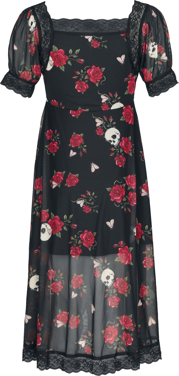 Robe mi-longue Rockabilly de Jawbreaker - Skull And Rose Print Lace Panel Midi Dress - XS à XXL - pour Femme - multicolore - Jawbreaker - View 2