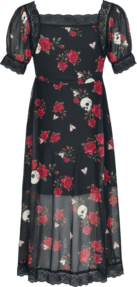 Robe mi-longue Rockabilly de Jawbreaker - Skull And Rose Print Lace Panel Midi Dress - XS à XXL - pour Femme - multicolore - Jawbreaker - View 2