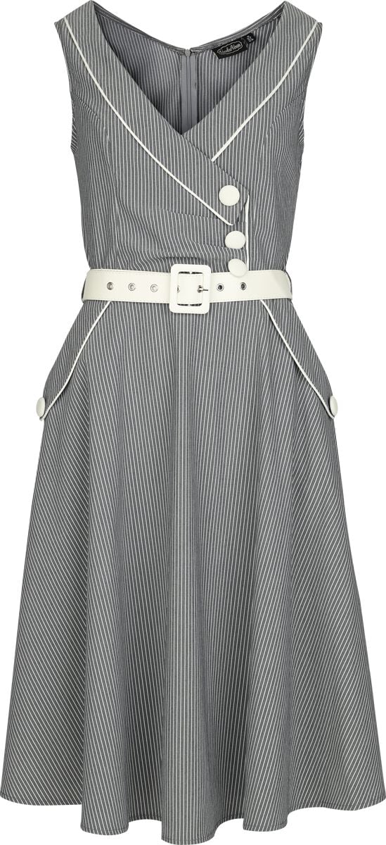Robe courte Rockabilly de Voodoo Vixen - Pinstripe Asymmetrical Button Flare Dress - S à XXL - pour Femme - gris/blanc - Voodoo Vixen