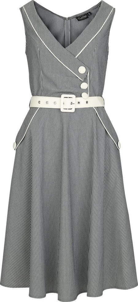 Robe courte Rockabilly de Voodoo Vixen - Pinstripe Asymmetrical Button Flare Dress - S à XXL - pour Femme - gris/blanc - Voodoo Vixen