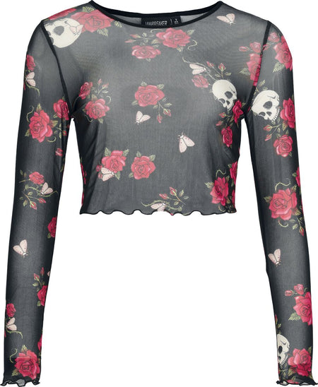 T-shirt manches longues Rockabilly de Jawbreaker - Skull & Rose - Haut en Mailles - XS à XXL - pour Femme - noir - Jawbreaker