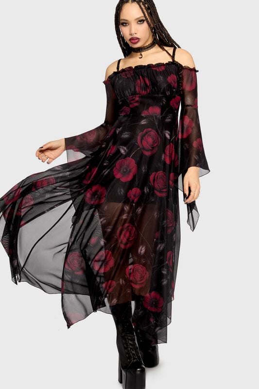 Robe longue Gothic de Killstar - Mourning Muse - Mystic Meadow Maxi Dress - XS à 4XL - pour Femme - noir/rouge - Killstar