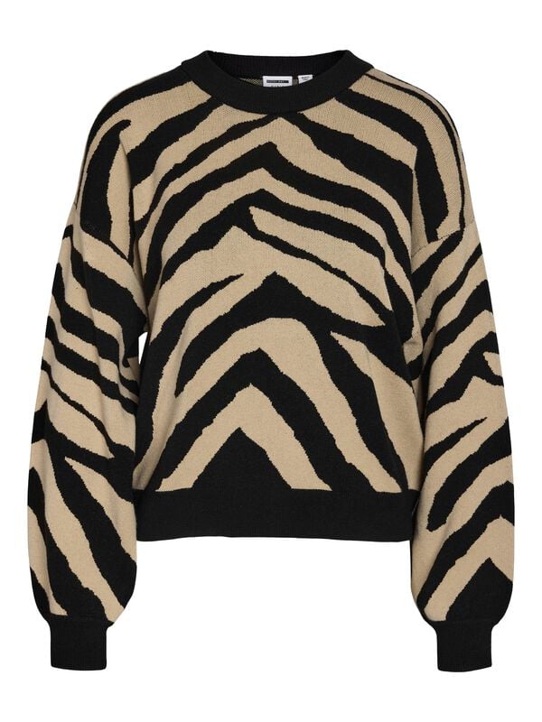Pull tricoté  de Noisy May - NMCHARLOTT L/S O-NECK KNIT FWD NOOS - XS à XL - pour Femme - noir/beige - Noisy May