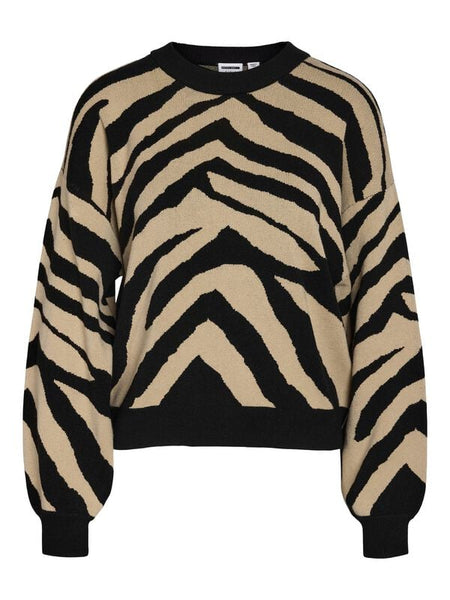 Pull tricoté  de Noisy May - NMCHARLOTT L/S O-NECK KNIT FWD NOOS - XS à XL - pour Femme - noir/beige - Noisy May