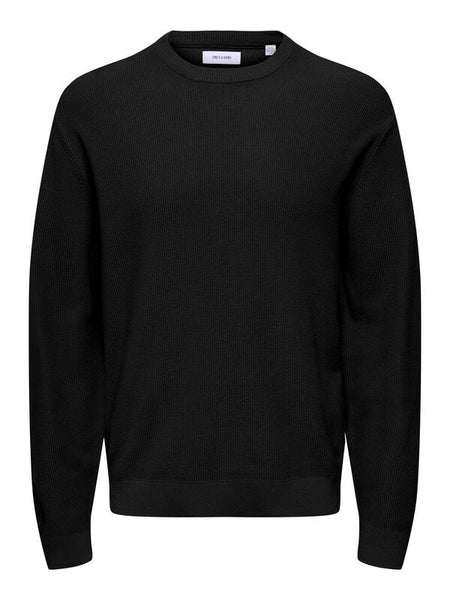 Sweat-shirt  de ONLY and SONS - ONSTONY RLX 12 LS WAFFLE CREW KNIT NOOS - S à XXL - pour Homme - noir - ONLY and SONS