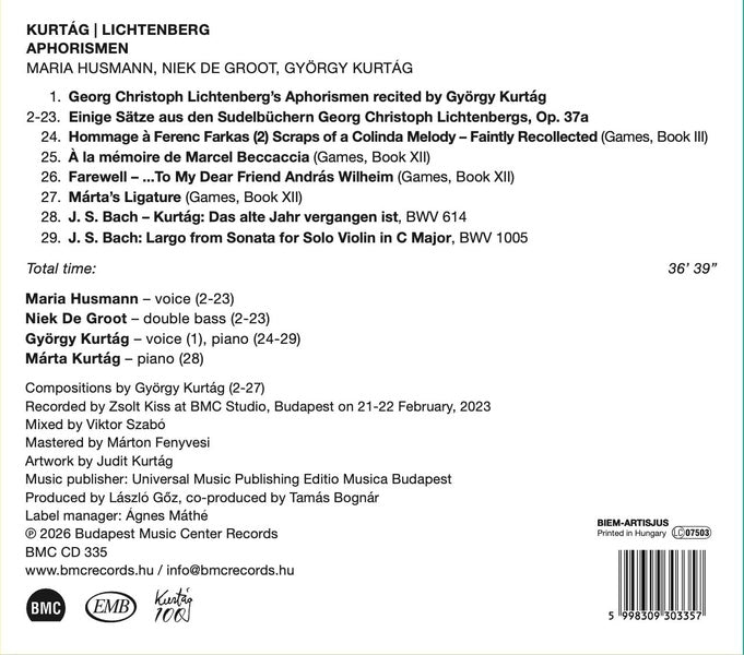 Kurtag, Gyorgy : Aphorismes de Georg Christoph Lichtenberg - Front Cover