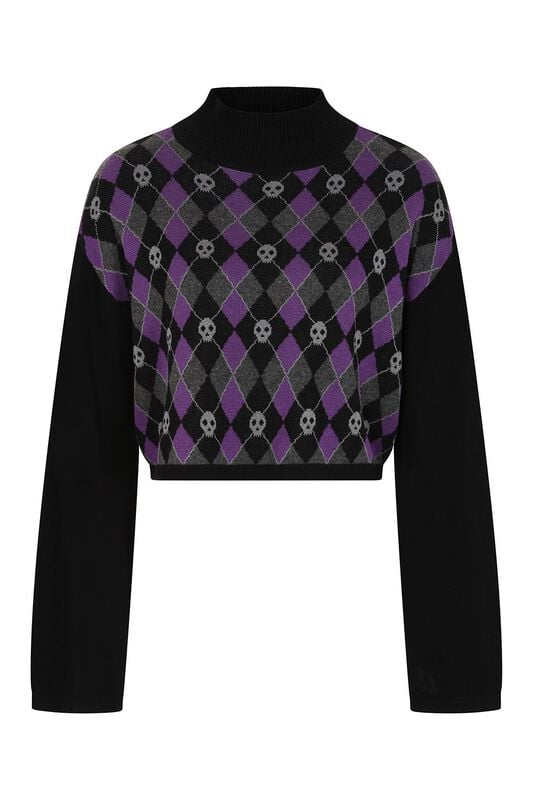 Pull tricoté  de Banned Alternative - Skull Argyle - Crop Top - S à XL - pour Femme - noir/lilas - Banned Alternative