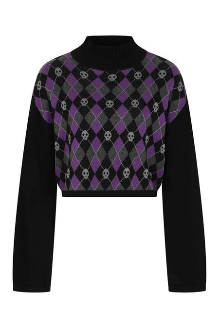 Pull tricoté  de Banned Alternative - Skull Argyle - Crop Top - S à XL - pour Femme - noir/lilas - Banned Alternative