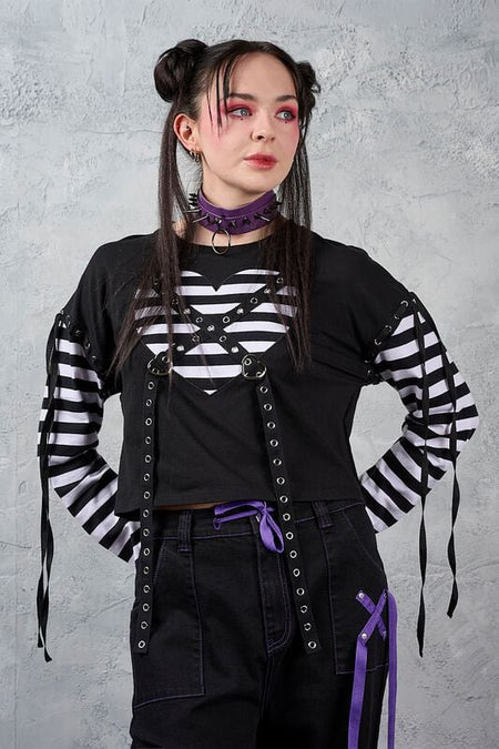 T-shirt manches longues Gothic de Banned Alternative - My Heart Hacker Top - S à 4XL - pour Femme - noir/blanc - Banned Alternative