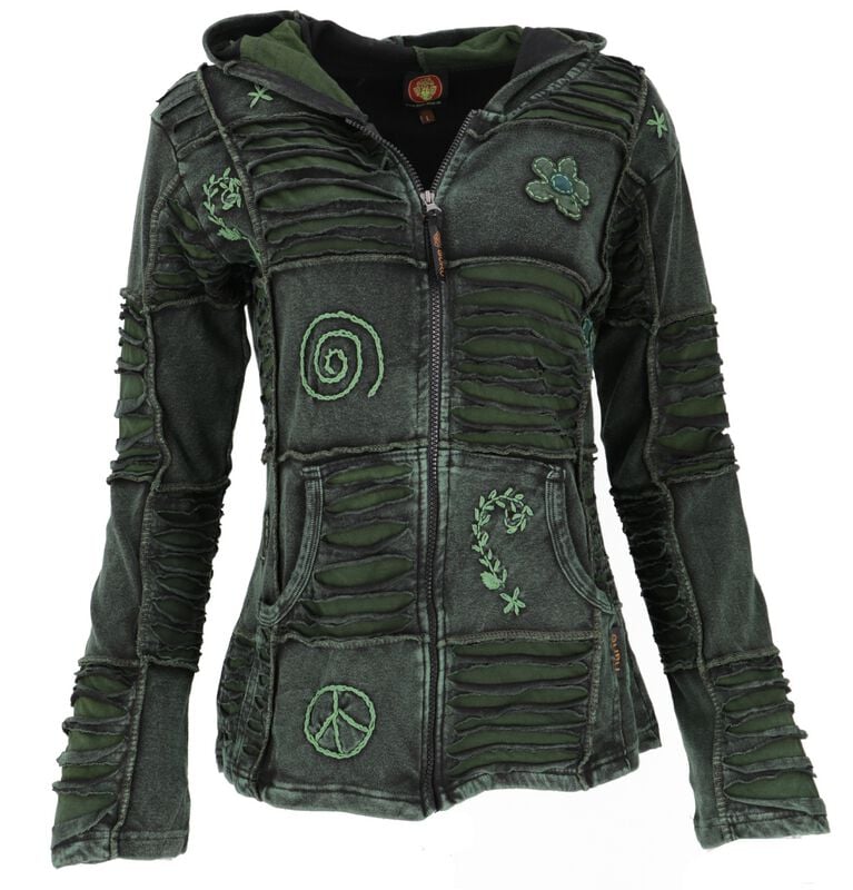 Sweat-shirt zippé à capuche  de Guru-Shop - Goa Patchwork Kapuzenjacke - S à XL - pour Femme - vert foncé - Guru-Shop
