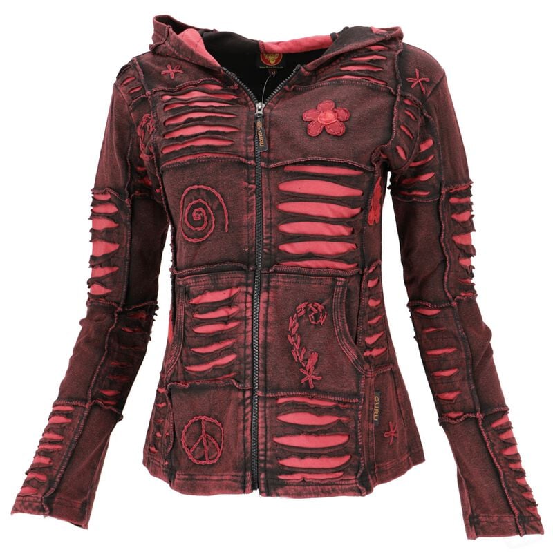 Sweat-shirt zippé à capuche  de Guru-Shop - Goa Patchwork Kapuzenjacke - S à XL - pour Femme - bordeaux - Guru-Shop
