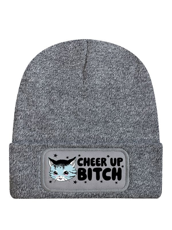 Bonnet Fun de Tierisch - Kitsch Kitten Cheer Up Bitch Heather Grey Beanie - pour Unisexe - gris - Tierisch