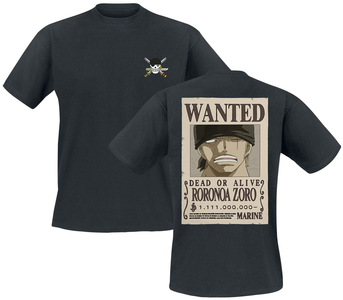 T-Shirt Manches courtes  de One Piece - Wanted Zoro - M à XXL - pour Homme - noir - One Piece