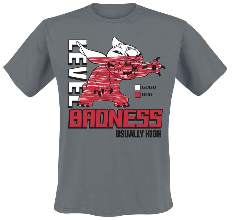 T-Shirt Manches courtes Disney de Lilo & Stitch - Level Badness Usually High - M à 3XL - pour Homme - anthracite - Lilo & Stitch