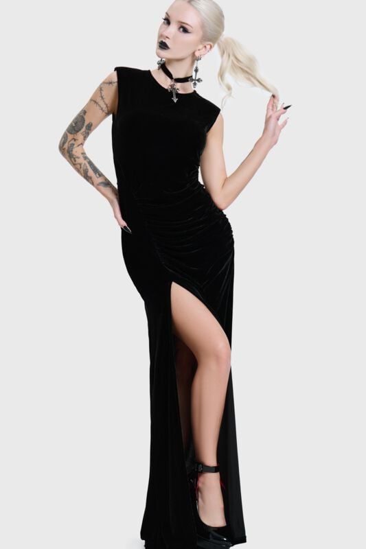 Robe longue Gothic de KIHILIST by KILLSTAR - NOVA VELVET KNOT MAXI DRESS - XS à XXL - pour Femme - noir - KIHILIST by KILLSTAR