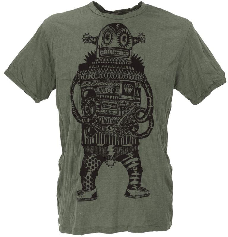 T-Shirt Manches courtes  de Guru-Shop - GURU Ethno Panik Roboter - M à XL - pour Homme - olive - Guru-Shop