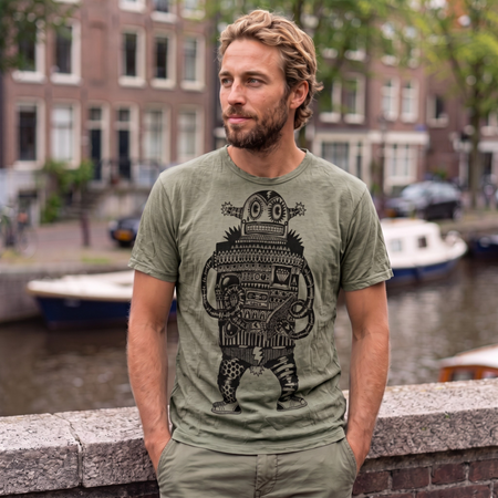 T-Shirt Manches courtes  de Guru-Shop - GURU Ethno Panik Roboter - M à XL - pour Homme - olive - Guru-Shop - View 2