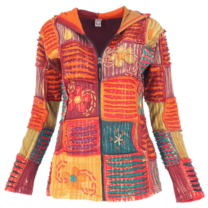 Sweat-shirt zippé à capuche  de Guru-Shop - Boho Unikat Patchwork Hippie Jacke mit Zipfelkapuze - S à XL - pour Femme - multicolore - Guru-Shop