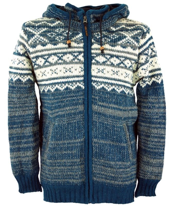 Manteau d'hiver  de Guru-Shop - Gefütterte Unisex Nepal Wolljacke Norwegermuster 22 - M à XXL - pour Homme - bleu - Guru-Shop