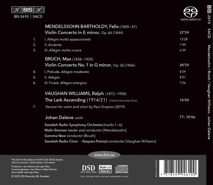 Johan Dalene Plays Mendelssohn, Bruch & Vaughan-Williams - Front Cover