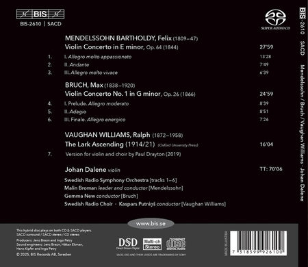 Johan Dalene Plays Mendelssohn, Bruch & Vaughan-Williams - Front Cover