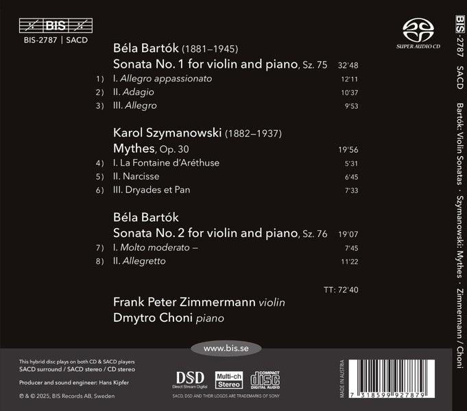 Bartok : Sonates pour violon - Szymanowski, Mythes - Front Cover