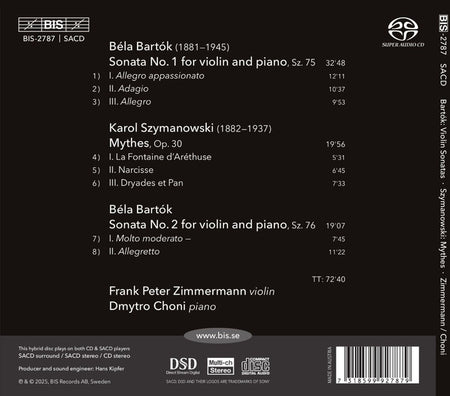 Bartok : Sonates pour violon - Szymanowski, Mythes - Front Cover