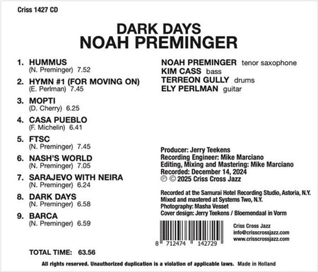 Dark Days - Noah Preminger Quartet - Front Cover