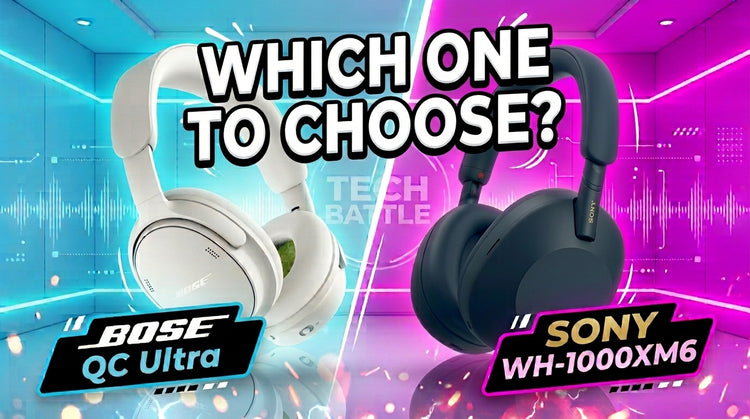 White Bose QC Ultra headphones facing black Sony WH-1000XM6 headphones on a blue and pink background